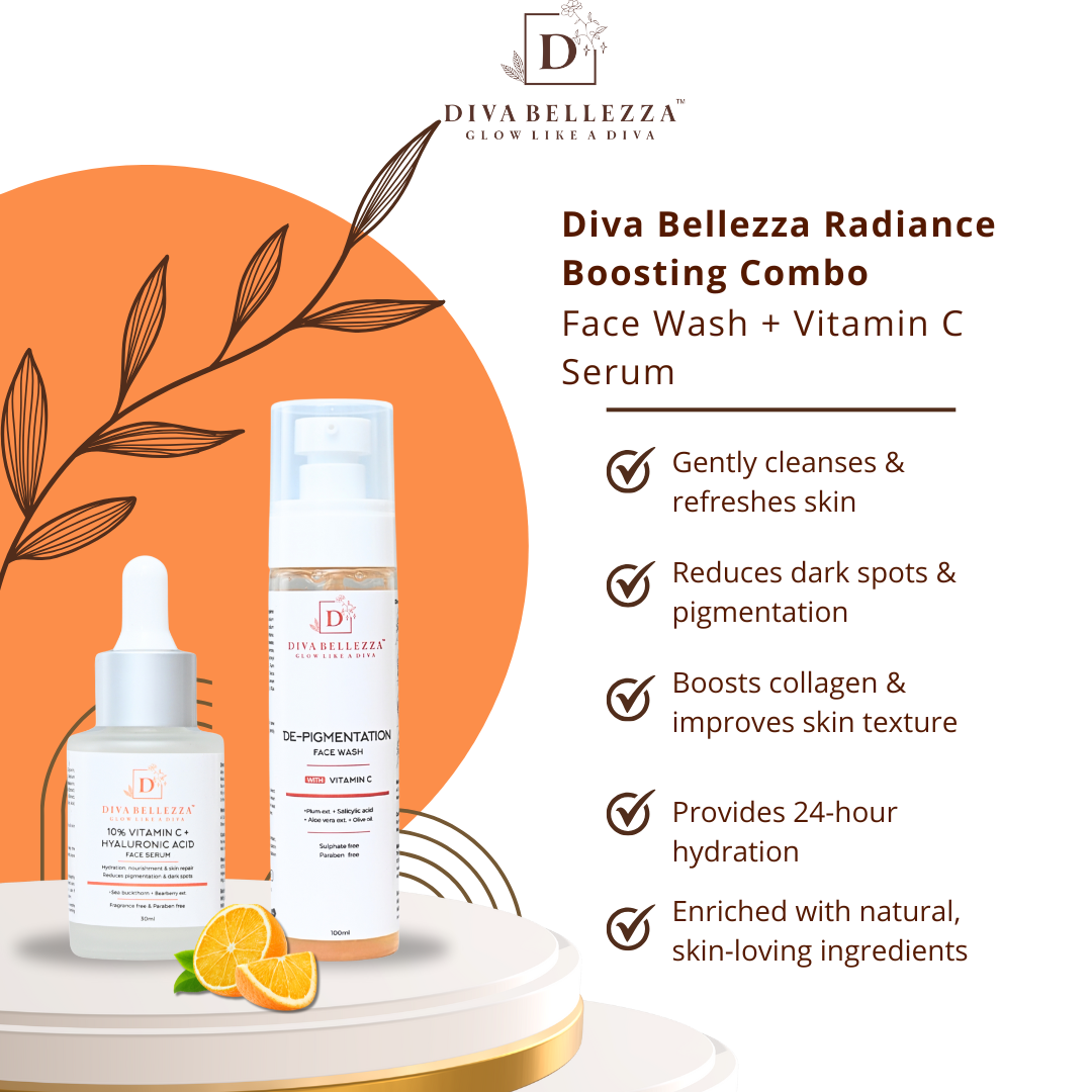 DivaBellezza™  Radiance Booster Combo | Vitamin C De-Pigmentation Face Wash + Vitamin C 10% & Hyaluronic Acid Serum
