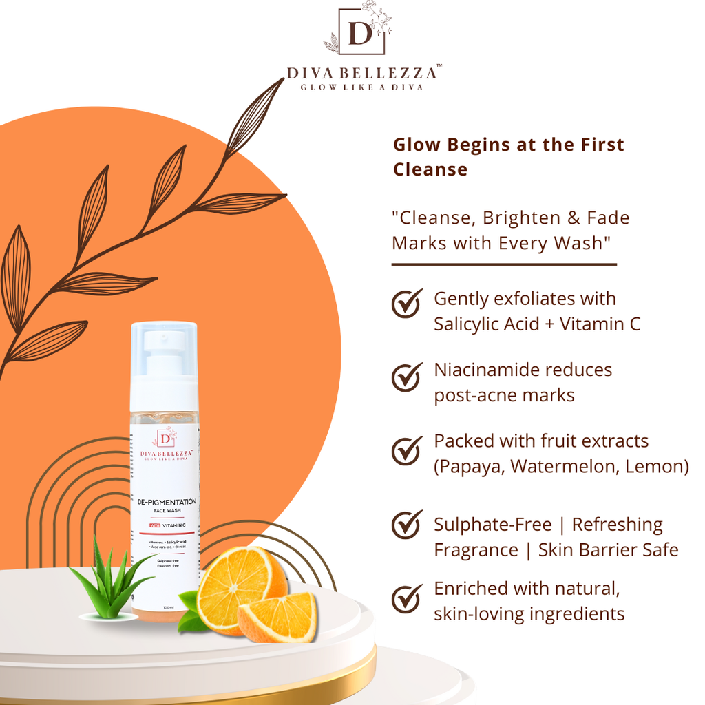 DivaBellezza™  Radiance Booster Combo | Vitamin C De-Pigmentation Face Wash + Vitamin C 10% & Hyaluronic Acid Serum